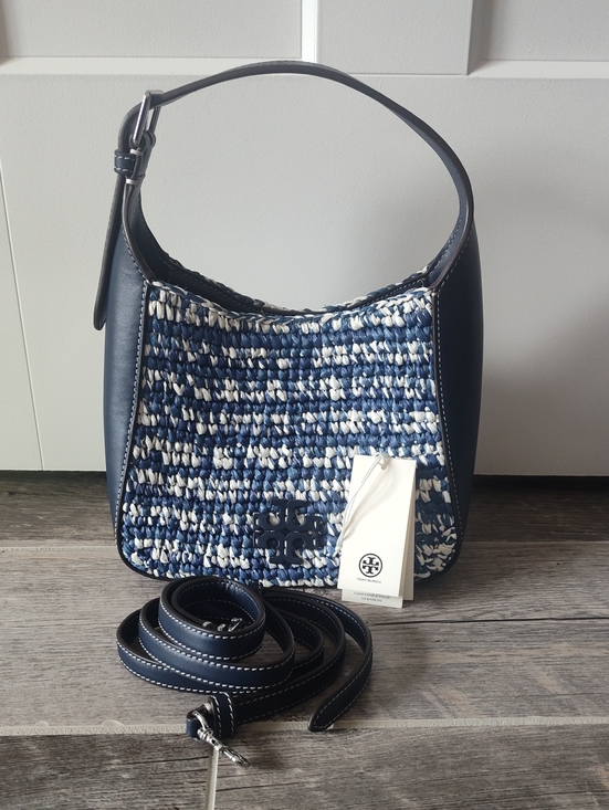 Tory Burch Handbags - Tory Burch Navy and Off White Woven Shoulder Hobo